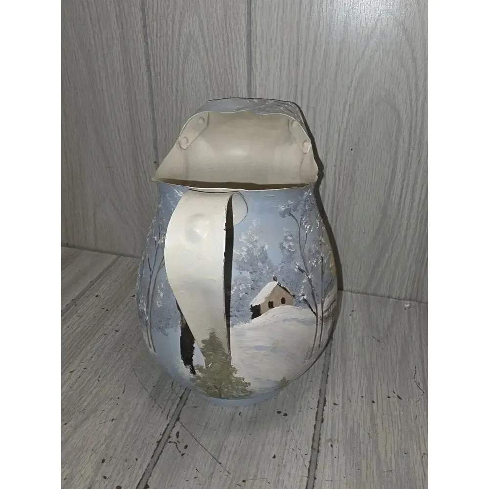 Vintage Hand Painted Metal Pitcher Winter Country Scene Artist Signed Farmhouse